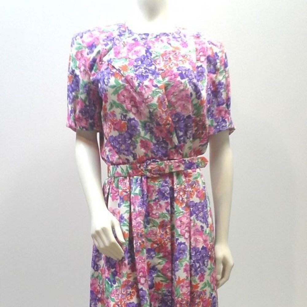 Vintage 90s Pink Floral Garden Party Day Dress Size 10P